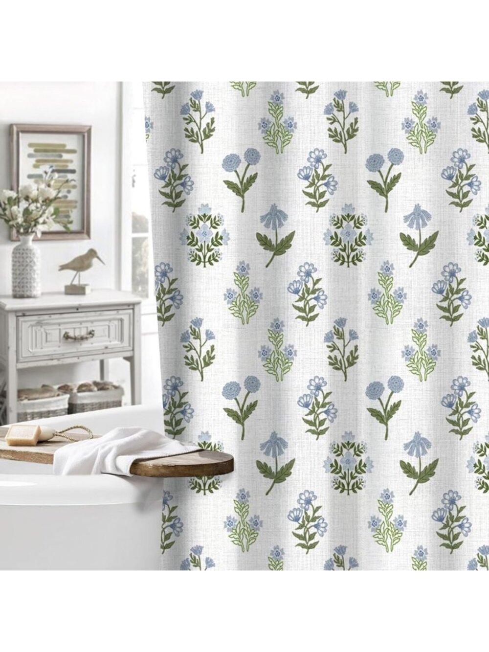 Vintage Floral Cotton Shower Curtain - Boho Botanical Print for Rustic Bathroom